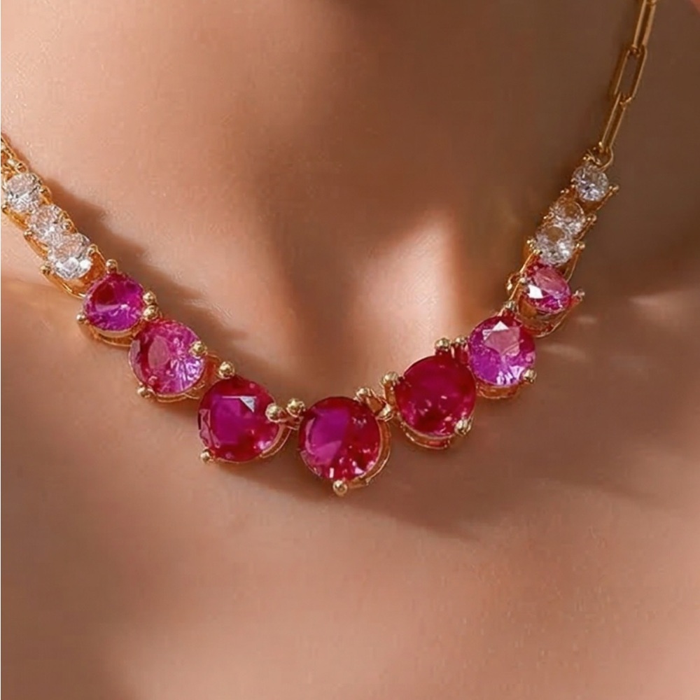 Ombré Pink Ruby Diamondettes Curb Paperclip Chain Necklace